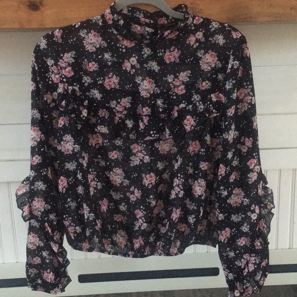 Forever 21 floral boho ruffle mock neck blouse